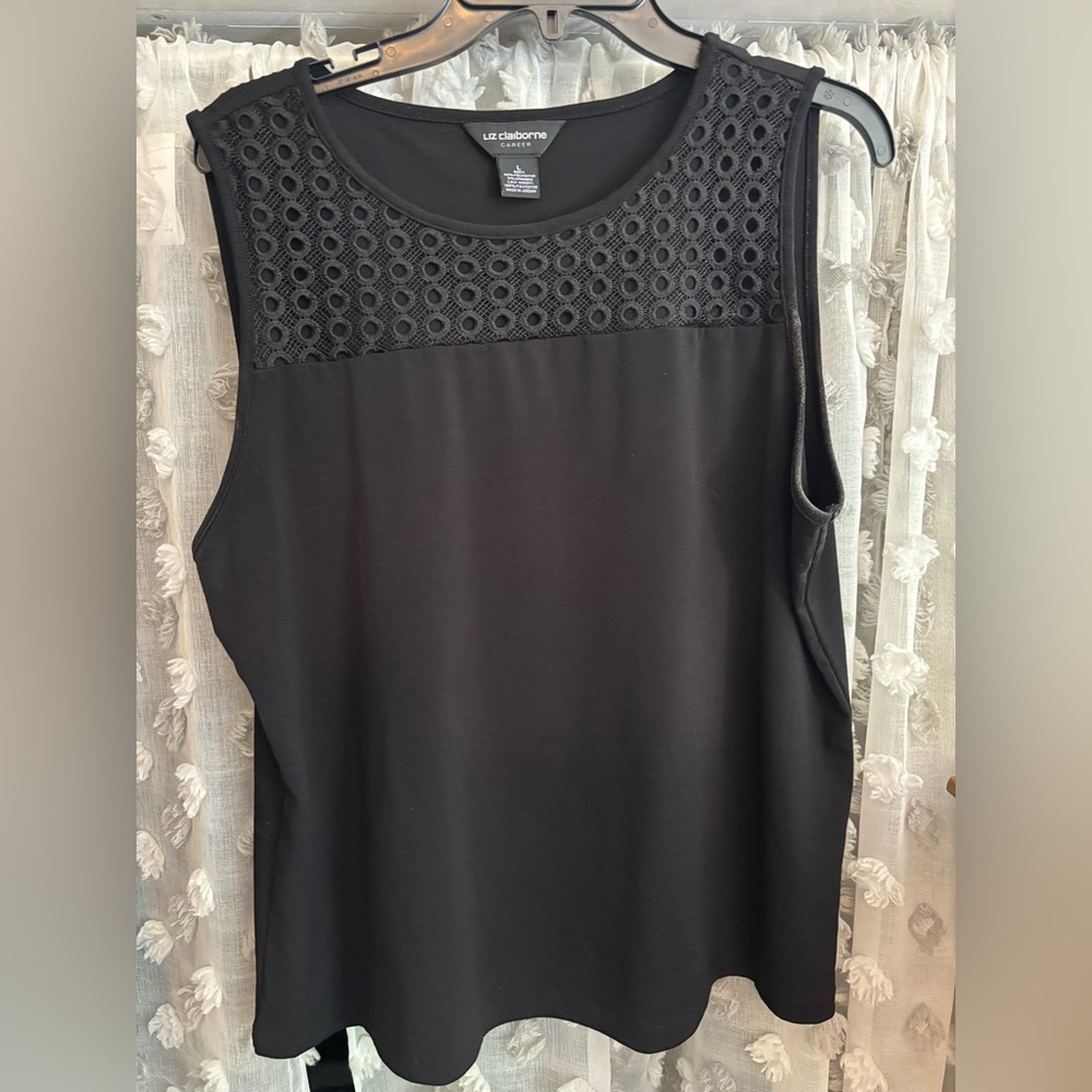 Liz Claiborne Black Sleeveless Tank with Crochet Mesh Yoke